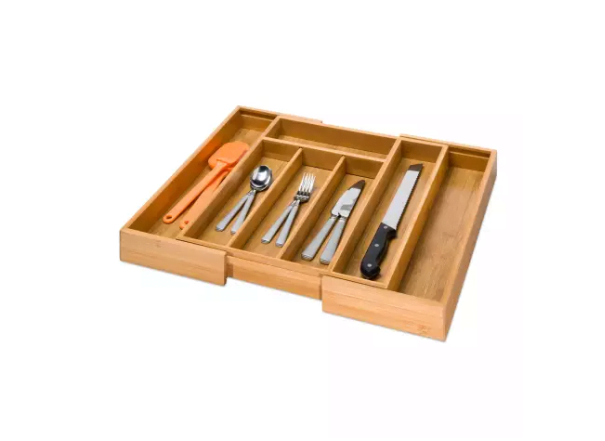 An expandable utensil drawer organizer.