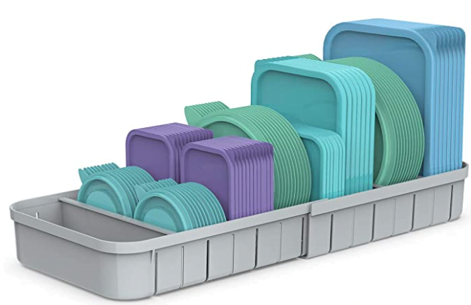 A gray plastic food storage container lid organizer.